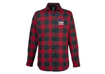 MSU Denver flannel with blue & red pattern and a logo by the pocket