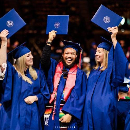 Instagram graphic of three graduates holding up their diplomas and smiling at commencement