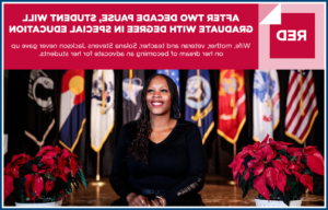 Graphic of graduating student Solana Stevens Jackson sitting on stage between two poinsettia plants and a row of flags in the background. Text overlaid on the graphic reads: 
